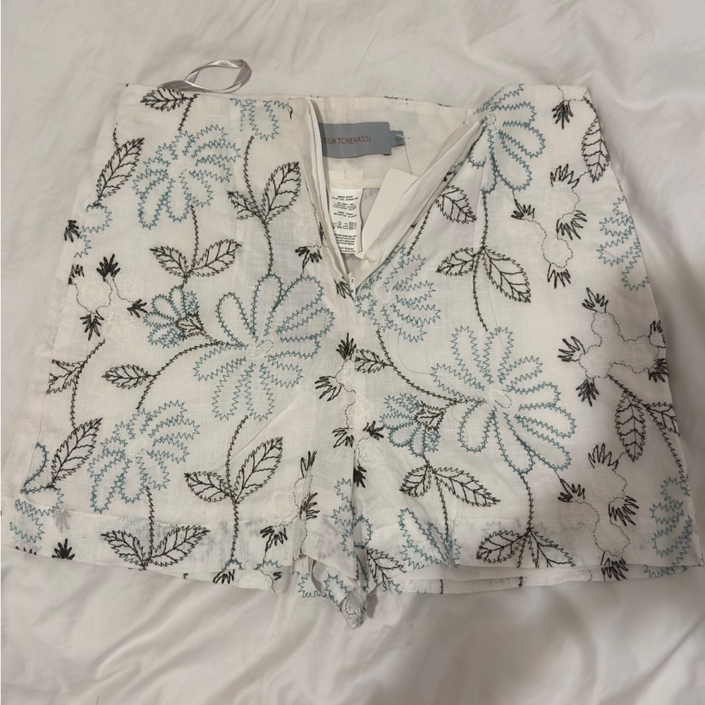 Silvia Tcherassi White and Blue Floral High Waist Shorts Small